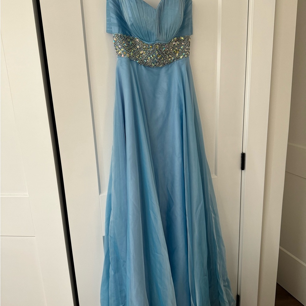 Elegant Blue Gown with Embellished Waist